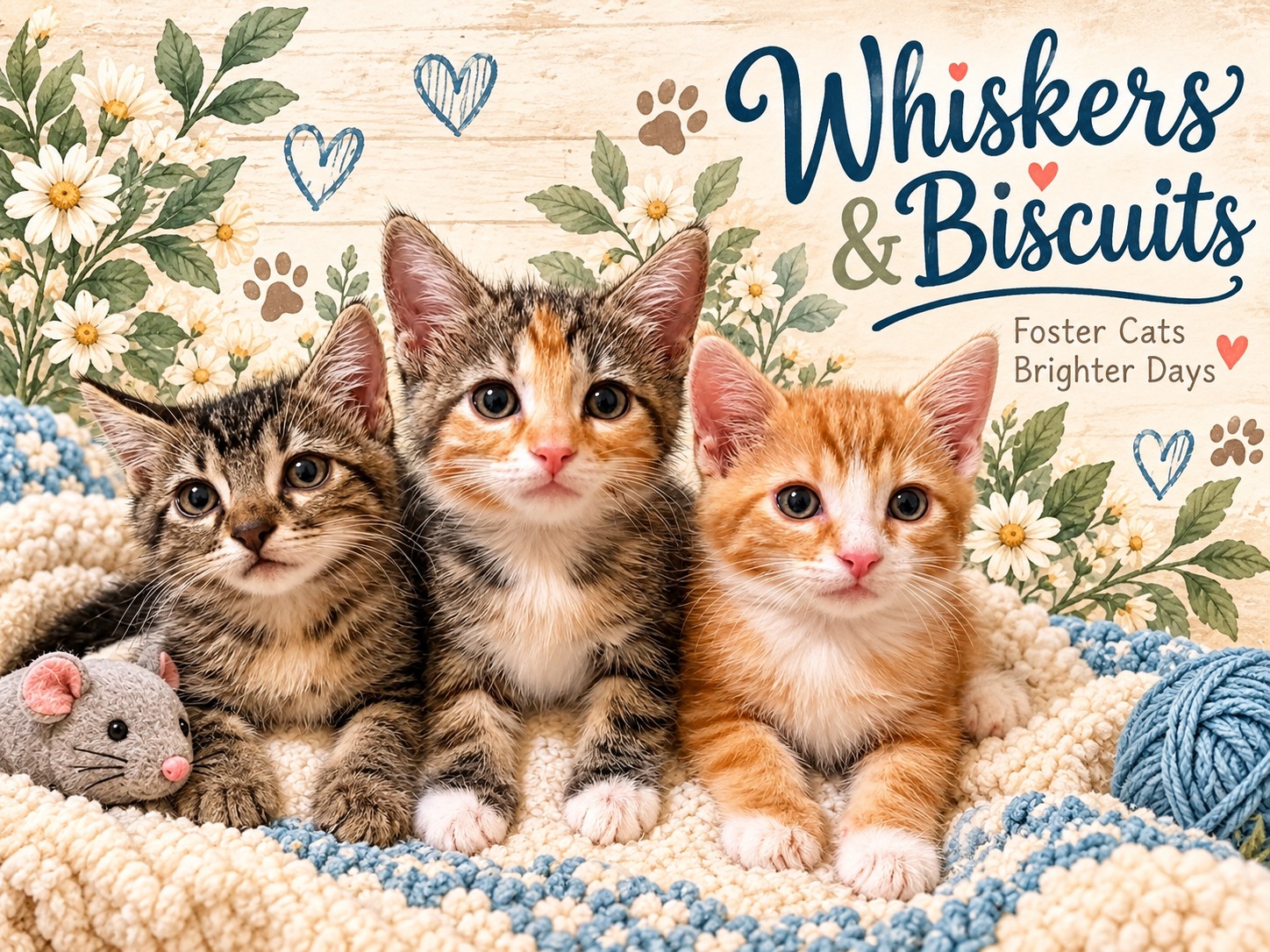 Whiskers and Biscuits illustrated banner featuring three kittens, watercolor flowers, and the words Foster Cats, Brighter Days